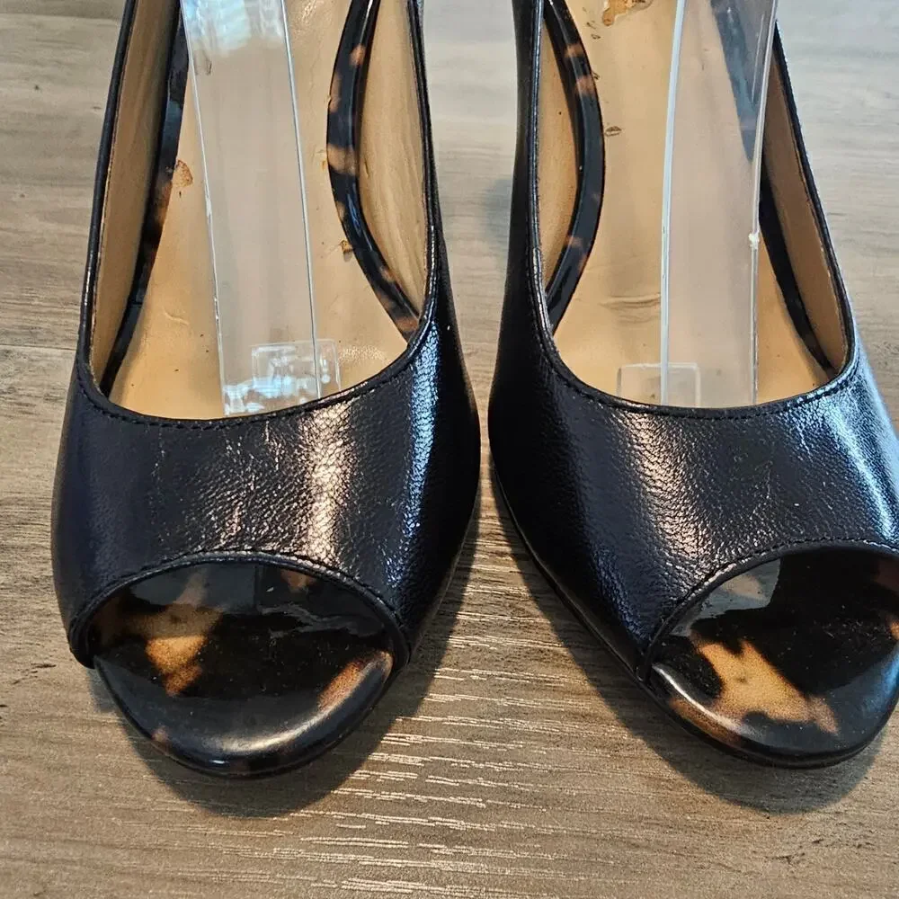 Ann Taylor Viola Heels Womens Size 6 Black Leather Tortoise Ankle Strap Glam